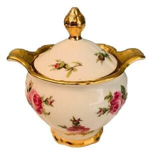 Bareuther Waldsassen Bavaria Pink Rose Porcelain Sugar Bowl w/ Gold Trim Handles